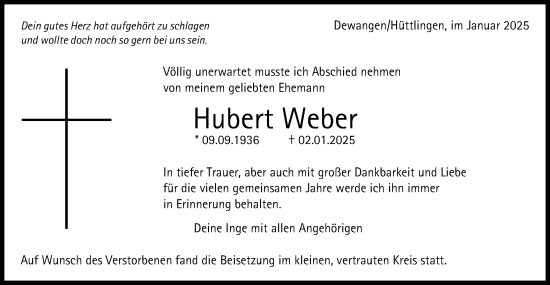 Traueranzeige von Hubert Weber von Schwäbische Post