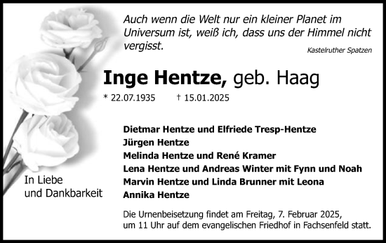 Traueranzeige von Inge Hentze von Schwäbische Post