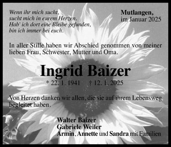 Traueranzeige von Ingrid Baizer von Gmünder Tagespost