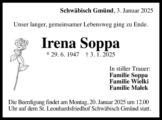 Traueranzeige von Irena Soppa von Gmünder Tagespost