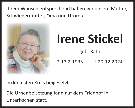 Traueranzeige von Irene Stickel von Schwäbische Post
