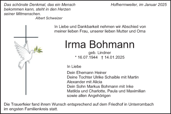 Traueranzeige von Irma Bohmann von Schwäbische Post