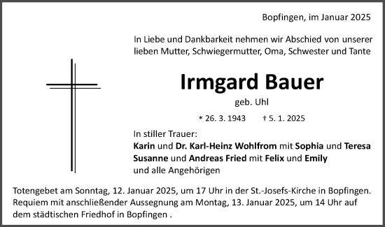 Traueranzeige von Irmgard Bauer von Schwäbische Post