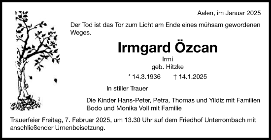 Traueranzeige von Irmgard Özcan von Schwäbische Post