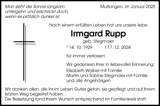 Traueranzeige von Irmgard Rupp von Gmünder Tagespost