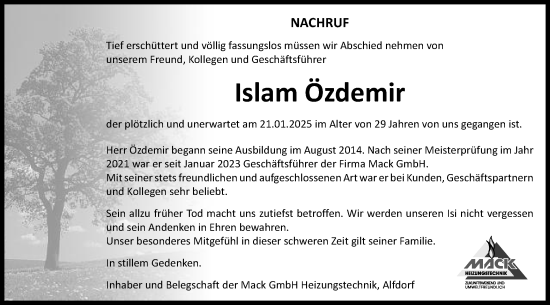 Traueranzeige von Islam Özdemir von Gmünder Tagespost