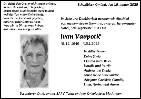 Traueranzeige von Ivan Vaupotic von Gmünder Tagespost
