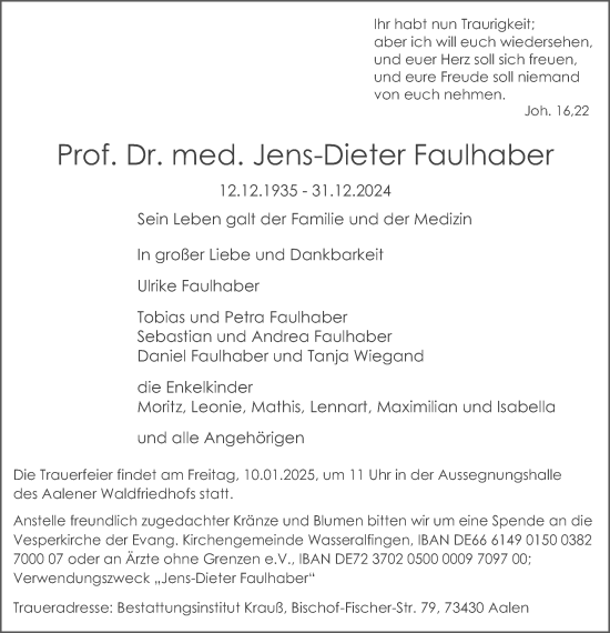 Traueranzeige von Jens-Dieter Faulhaber von Schwäbische Post