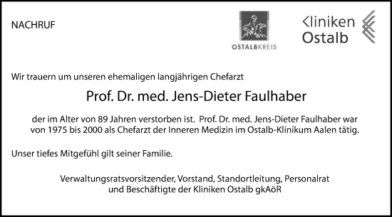 Traueranzeige von Jens-Dieter Faulhaber von Schwäbische Post