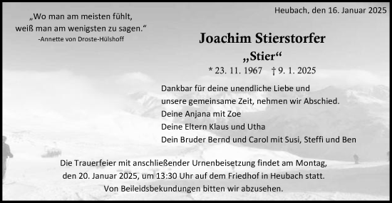 Traueranzeige von Joachim Stierstorfer von Gmünder Tagespost