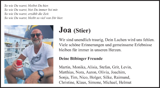 Traueranzeige von Joachim Stierstorfer von Gmünder Tagespost