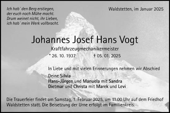 Traueranzeige von Johannes Josef Hans Vogt von Gmünder Tagespost