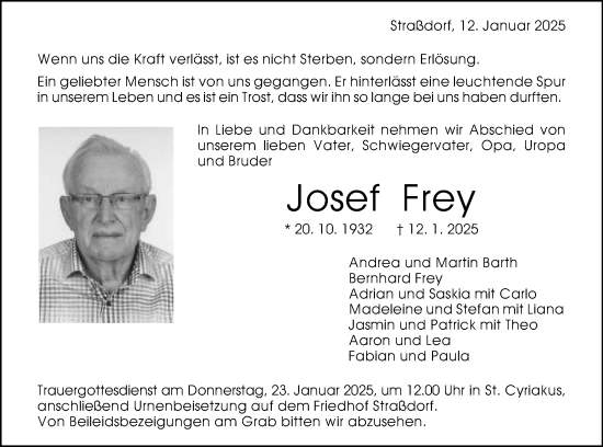 Traueranzeige von Josef Frey von Gmünder Tagespost