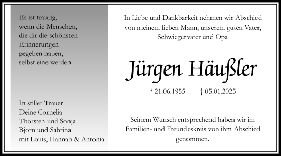 Traueranzeige von Jürgen Häußler von Schwäbische Post