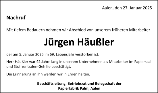 Traueranzeige von Jürgen Häußler von Schwäbische Post