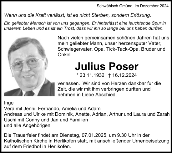 Traueranzeige von Julius Poser von Gmünder Tagespost