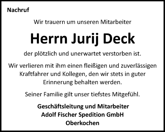 Traueranzeige von Jurij Deck von Schwäbische Post