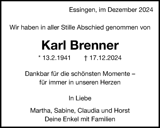 Traueranzeige von Karl Brenner von Schwäbische Post