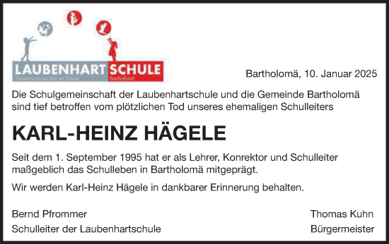 Traueranzeige von Karl-Heinz Hägele von Schwäbische Post