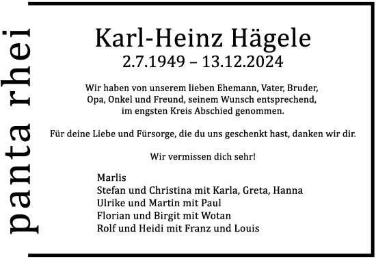 Traueranzeige von Karl-Heinz Hägele von Gmünder Tagespost