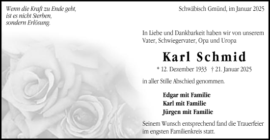 Traueranzeige von Karl Schmid von Gmünder Tagespost