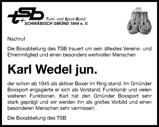 Traueranzeige von Karl Wedel von Gmünder Tagespost