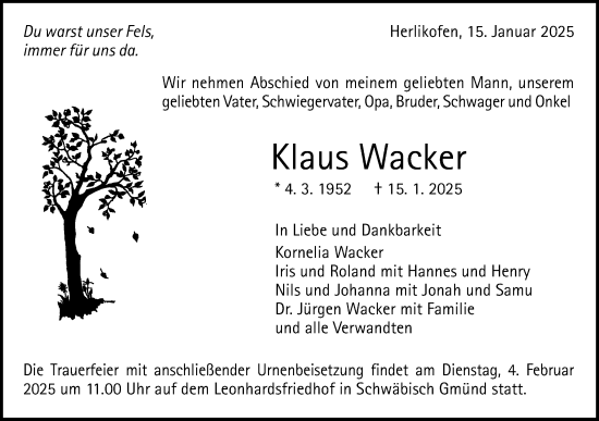 Traueranzeige von Klaus Wacker von Gmünder Tagespost