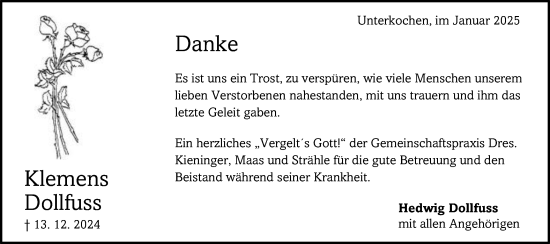 Traueranzeige von Klemens Dollfuss von Schwäbische Post