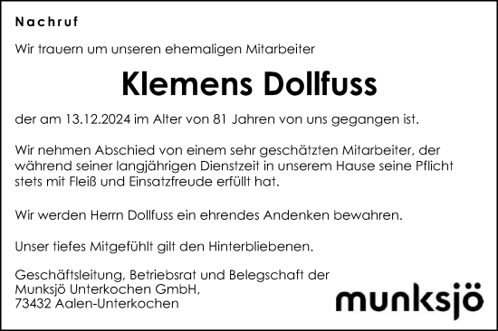 Traueranzeige von Klemens Dollfuss von Schwäbische Post