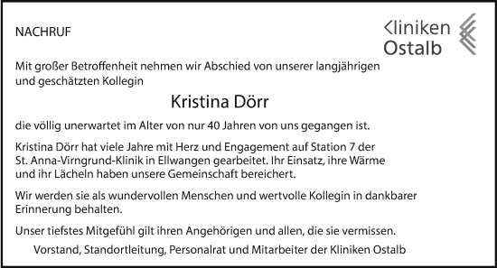 Traueranzeige von Kristina Dörr von Schwäbische Post