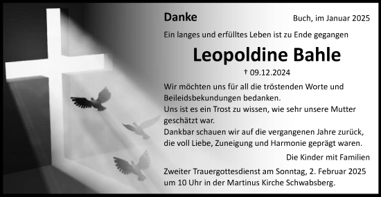 Traueranzeige von Leopoldine Bahle von Schwäbische Post