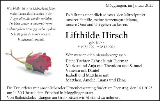 Traueranzeige von Lifthilde Hirsch von Gmünder Tagespost