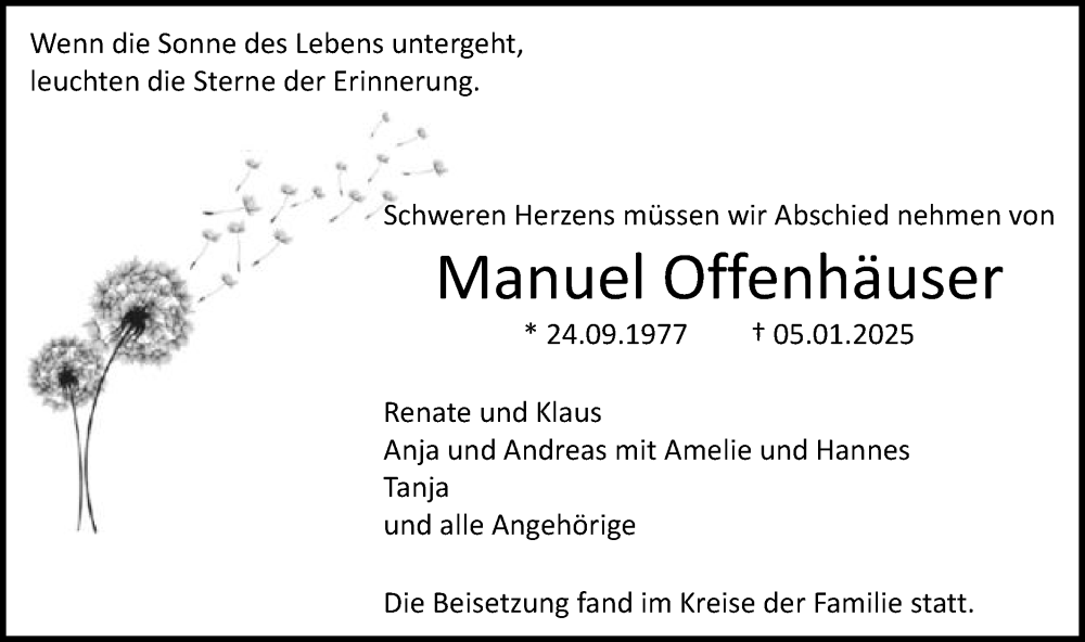  Traueranzeige für Manuel Offenhäuser vom 16.01.2025 aus Gmünder Tagespost