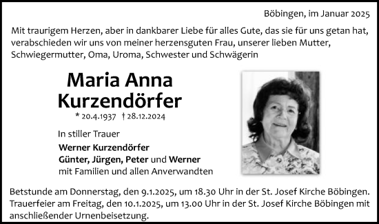 Traueranzeige von Maria Anna von Gmünder Tagespost