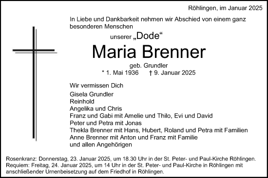 Traueranzeige von Maria Brenner von Schwäbische Post