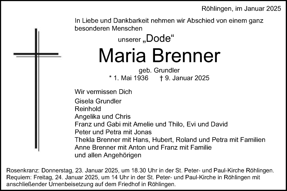  Traueranzeige für Maria Brenner vom 21.01.2025 aus Schwäbische Post