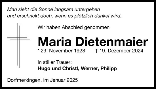 Traueranzeige von Maria Dietenmaier von Schwäbische Post