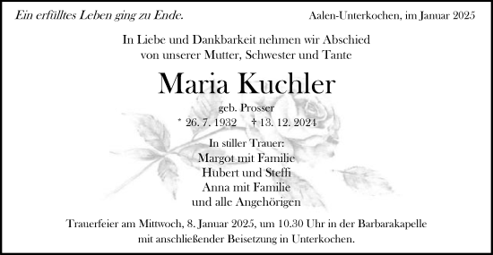 Traueranzeige von Maria Kuchler von Schwäbische Post