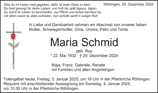 Traueranzeige von Maria Schmid von Schwäbische Post