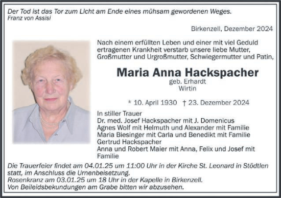 Traueranzeige von Maria Anna Hackspacher von Schwäbische Post
