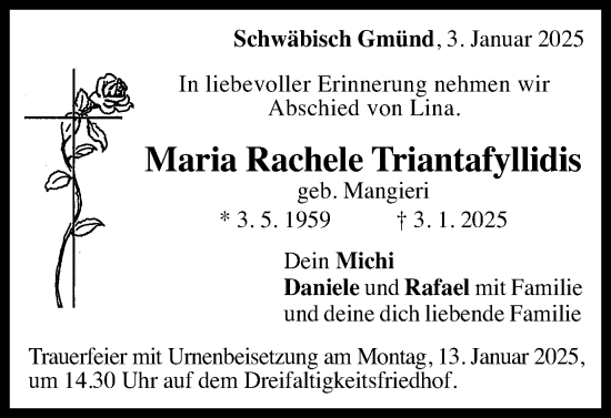 Traueranzeige von Maria Rachele Triantafyllidis von Gmünder Tagespost