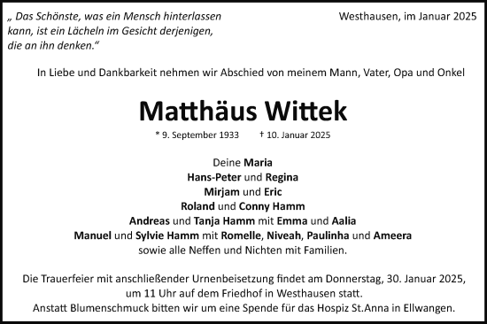 Traueranzeige von Matthäus Wittek von Schwäbische Post