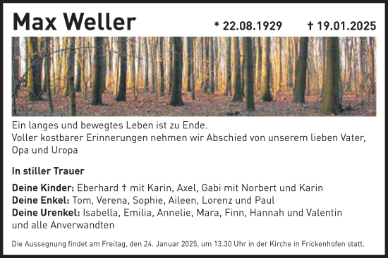 Traueranzeige von Max Weller von Gmünder Tagespost