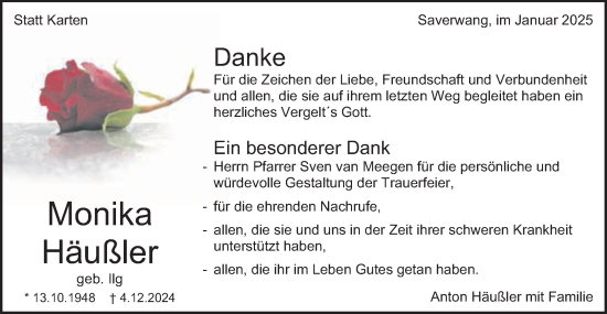 Traueranzeige von Monika Häußler von Schwäbische Post
