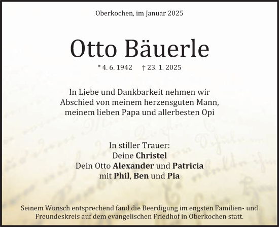 Traueranzeige von Otto Bäuerle von Schwäbische Post