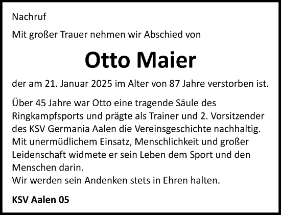 Traueranzeige von Otto Maier von Schwäbische Post