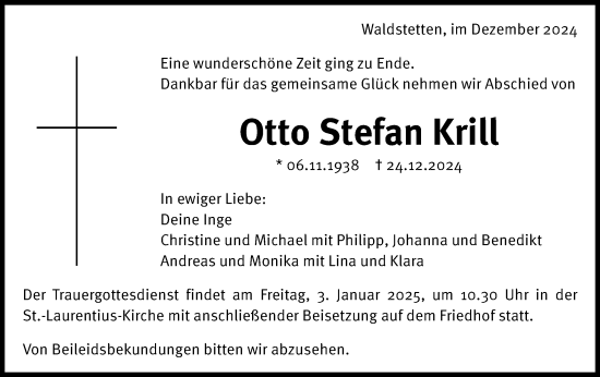 Traueranzeige von Otto Stefan Krill von Gmünder Tagespost