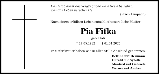 Traueranzeige von Pia Fifka von Gmünder Tagespost