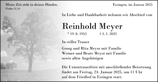 Traueranzeige von Reinhold Meyer von Schwäbische Post