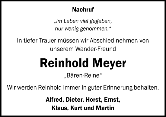 Traueranzeige von Reinhold Meyer von Schwäbische Post